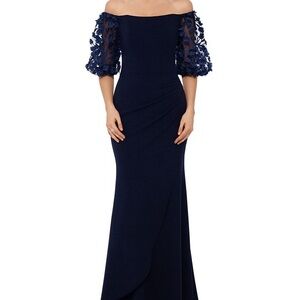 Xscape Navy Strapless Dress with Floral Sleeves size 8
